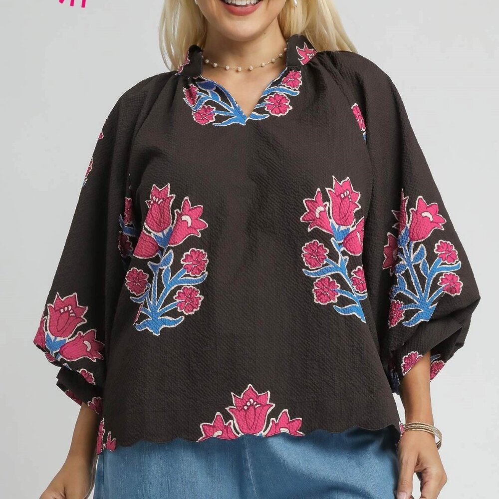 UMGEE Bubble Sleeved Tulip Print Split V Neck Top (New) - Chocolote